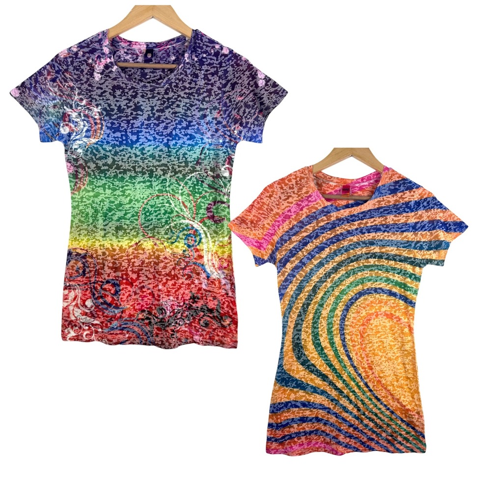 Kavio Rainbow Burnout Graphic T-Shirt set sz L Multicolor dopamine sheer Y2K‎